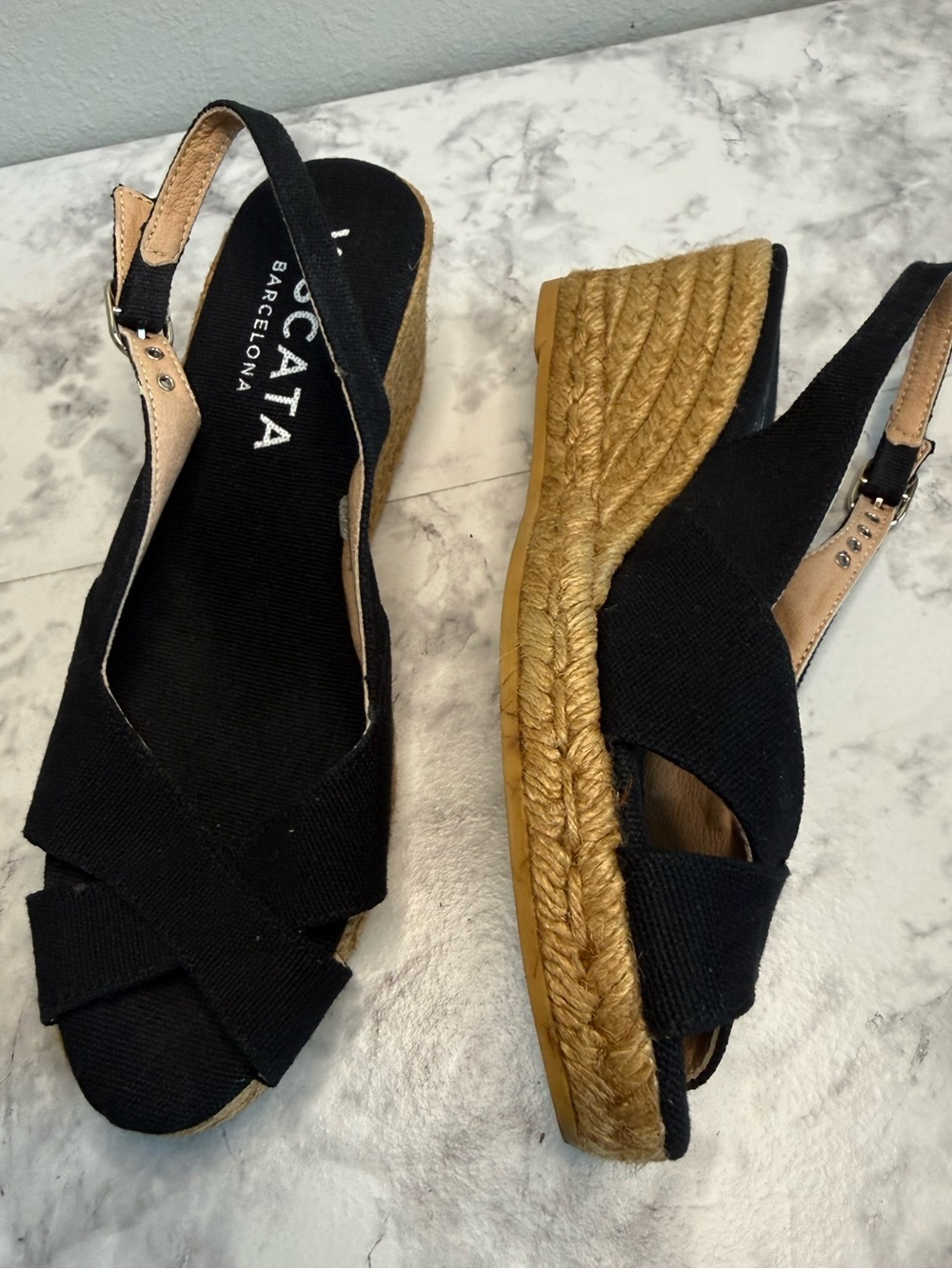 Viscata Barcelona Black Crisscross Espadrille Wedge Sandals Sz 8 1/2 made Spain